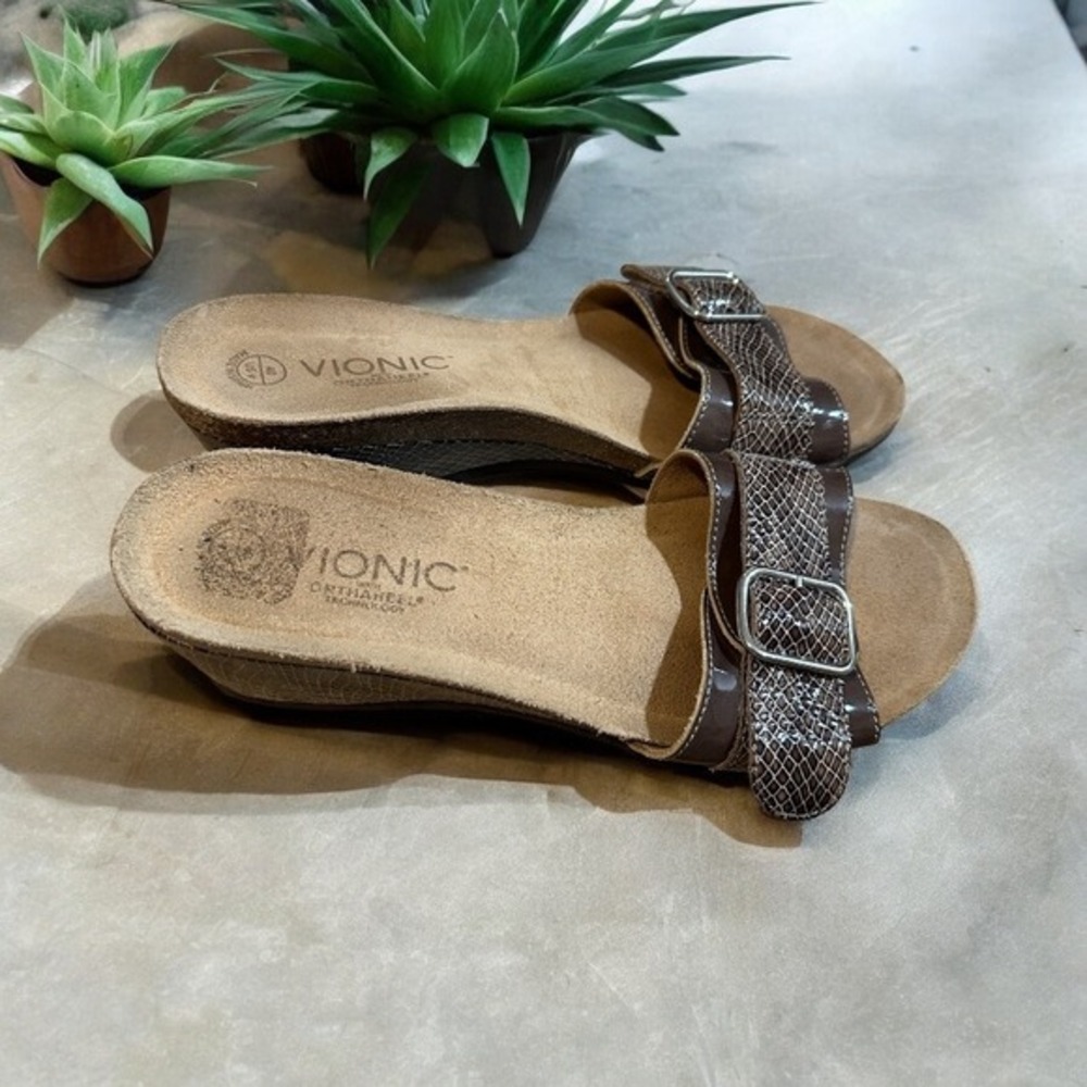 Vionic Orthaheel Technology Brown Snake Print Buckle Slide Sandals US 9 EU 40